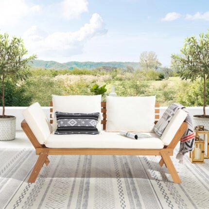 Outdoor Convertible Sofa Daybed, FSC Acacia Wood Patio Couch with Thick Cushion & Pillows